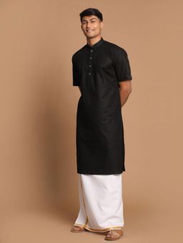 Vastramay - Mens Black & White Cotton Linen Kurta with Mundu (Set of 2)
