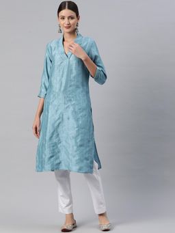 Readiprint - Straight Style Silk Fabric Blue Color Kurta