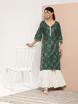 Libas - Green Cotton Lace Detail Bandhani Printed Straight Kurta