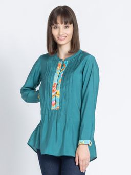 SHAYE - Mandarin Neck Green Solid Long Sleeves Ethnic Kurti for Women