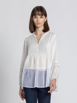 SHAYE - V-Neck White Sequinned Long Sleeves Ethnic Kurti for Women
