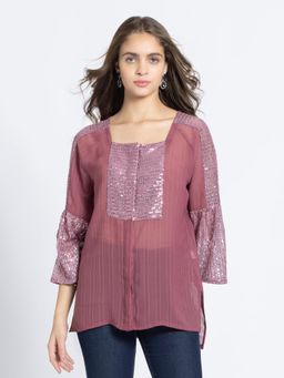 SHAYE - Square Neck Dusty Pink Sequins Front Open Long Sleeves Ethnic Kurti for Women
