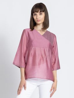 SHAYE - V-Neck Pink Sequinned Three-Quarter Sleeves Ethnic Top for Women