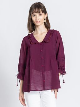 SHAYE - Shirt Collar Wine Self Stripe Sequinned Three-Quarter Sleeves Ethnic Kurti for Women