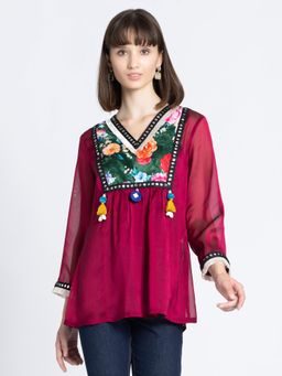 SHAYE - V-Neck Rani Pink Mirror Work Tasselled Three-Quarter Sleeves Ethnic Kurti for Women