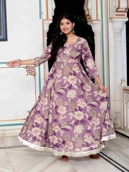 Doriyaan - Women's Purple Flower Printed with Beautiful Gota Lace Border Anarkali Kurta