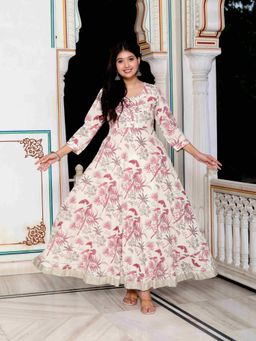 Doriyaan - Women's Light Pink Gota Lace Border Birds & Leaf Floral Anarkali Kurta
