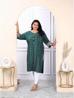 Miravan - Women's Plus Size Rayon Green Bandhani Printed Straight Kurta