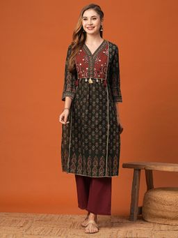 FASHOR - Ethnic Floral Printed and Embroidered Kurta - Green