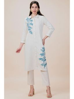 Barara Ethnic - Floral White Dori Linen Kurta