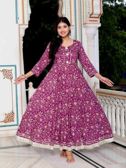 Miravan - Women's Cotton Gotapatti and Lace Border Floral Printed Purple Anarkali Kurta