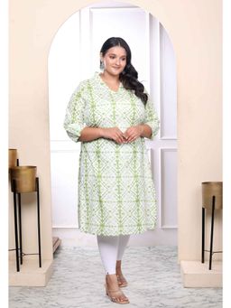 Miravan - Women's White and Green Tie Dye Cotton Casual Kurta