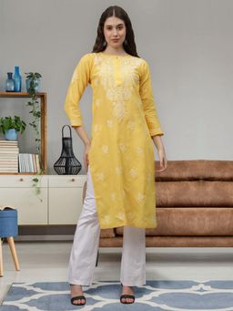 Seva Chikan - Hand Embroidered Yellow Cotton Lucknowi Chikankari Kurta