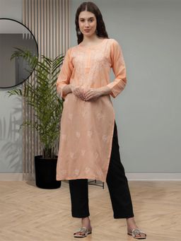 Seva Chikan - Hand Embroidered Peach Cotton Lucknowi Chikankari Kurta