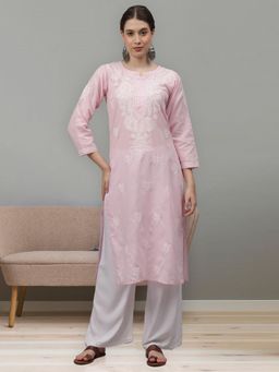 Seva Chikan - Hand Embroidered Pink Cotton Lucknowi Chikankari Kurta