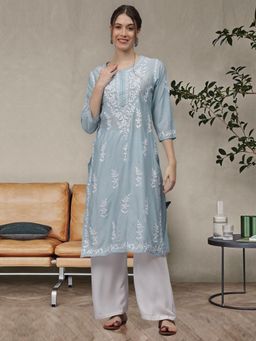 Seva Chikan - Hand Embroidered Blue Chanderi Lucknowi Chikankari Kurta