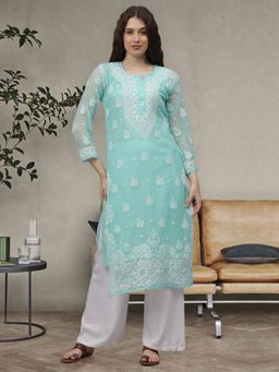 Seva Chikan - Hand Embroidered Sea Green Lucknowi Chikankari Kurta with Inner (Set of 2)
