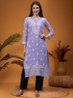 Seva Chikan - Hand Embroidered Purple Georgette Lucknowi Chikankari Kurta with Inner (Set of 2)