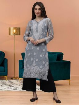 Seva Chikan - Hand Embroidered Grey Georgette Lucknowi Chikankari Kurta with Inner (Set of 2)