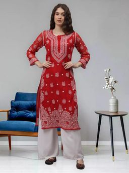 Seva Chikan - Hand Embroidered Red Georgette Lucknowi Chikankari Kurta with Inner (Set of 2)