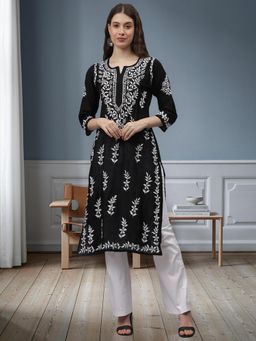 Seva Chikan - Hand Embroidered Black Chanderi Lucknowi Chikankari Kurta