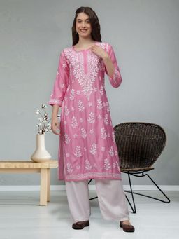 Seva Chikan - Hand Embroidered Pink Chanderi Lucknowi Chikankari Kurta