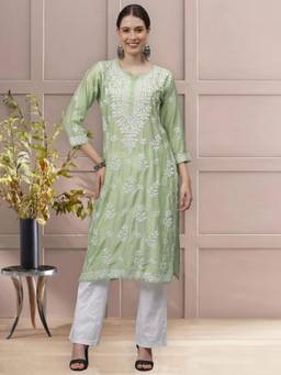 Seva Chikan - Hand Embroidered Green Chanderi Lucknowi Chikankari Kurta