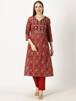 Saffron Threads - Maroon Ethnic Motifs Printed Cotton Kurta with Neck Embroidery