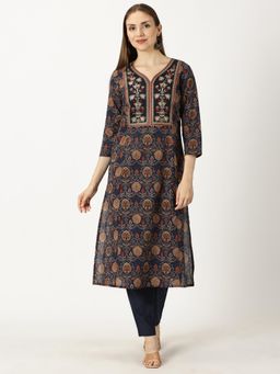 Saffron Threads - Navy Blue Ethnic Motifs Printed Cotton Kurta with Neck Embroidery