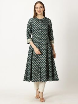 Saffron Threads - Green Floral Gold Foil Printed Button Down Cotton Kurta