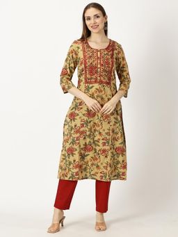 Saffron Threads - Beige Floral Print Kurta with Yoke Embroidery and Mirror Work