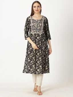 Saffron Threads - Black Floral Print Kurta with Yoke Embroidery and Mirror Work