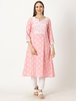 Saffron Threads - Pastel Pink Floral Print Cotton Kurta with Chikankari Embroidery