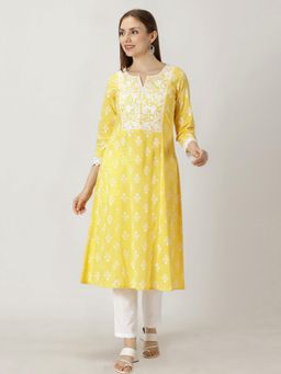 Saffron Threads - Pastel Yellow Floral Print Cotton Kurta with Chikankari Embroidery