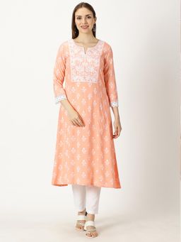 Saffron Threads - Pastel Peach Floral Print Rayon Kurta with Chikankari Embroidery