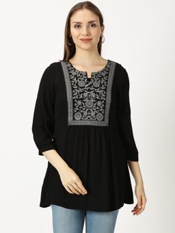 Saffron Threads - Black Floral Print Cotton Tunic with Lucknowi Chikankari Yoke
