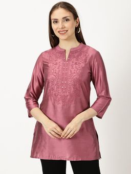 Saffron Threads - Pink Art Silk Embroidered Neck Tunic with Mirror Accents