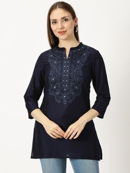 Saffron Threads - Navy Blue Raw Art Silk Embroidered Neck Tunic with Mirror Accents