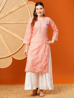 ADA - Women Hand Embroidered Lucknowi Chikankari Salmon Peach Cotton Kurta