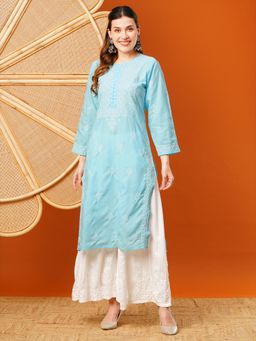 ADA - Women Hand Embroidered Lucknowi Chikankari Blue Cotton Kurta