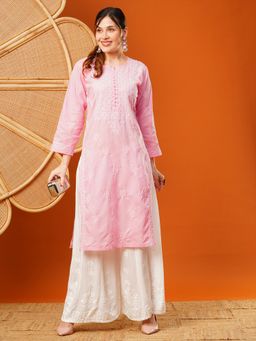 ADA - Women Hand Embroidered Lucknowi Chikankari Pink Cotton Kurta