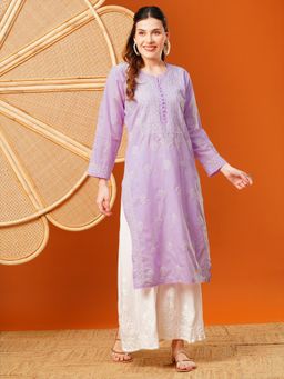 ADA - Women Hand Embroidered Lucknowi Chikankari Lavender Cotton Kurta