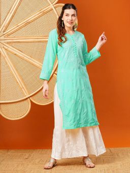 ADA - Women Hand Embroidered Lucknowi Chikankari Sea Green Cotton Kurta