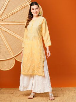 ADA - Women Hand Embroidered Lucknowi Chikankari Yellow Cotton Kurta