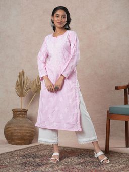 ADA - Women Hand Embroidered Lucknowi Chikankari Baby Pink Cotton Kurta