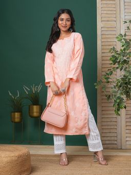 ADA - Women Hand Embroidered Lucknowi Chikankari Peach Cotton Kurta