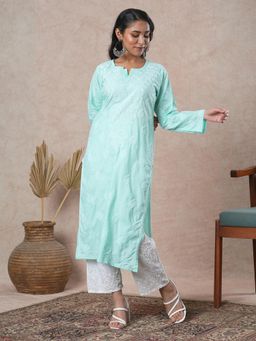 ADA - Women Hand Embroidered Lucknowi Chikankari Sea Green Cotton Kurta
