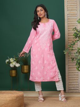 ADA - Women Hand Embroidered Lucknowi Chikankari Dark Peach Cotton Kurta