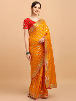 Amrutam Fab - Womens Embroidered Leheria Silk Blend Yellow Saree With Unstitched Blouse Piece