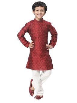 Manyavar - Boys Maroon Silk Party Wear Kurta Churidar (set Of 2)
